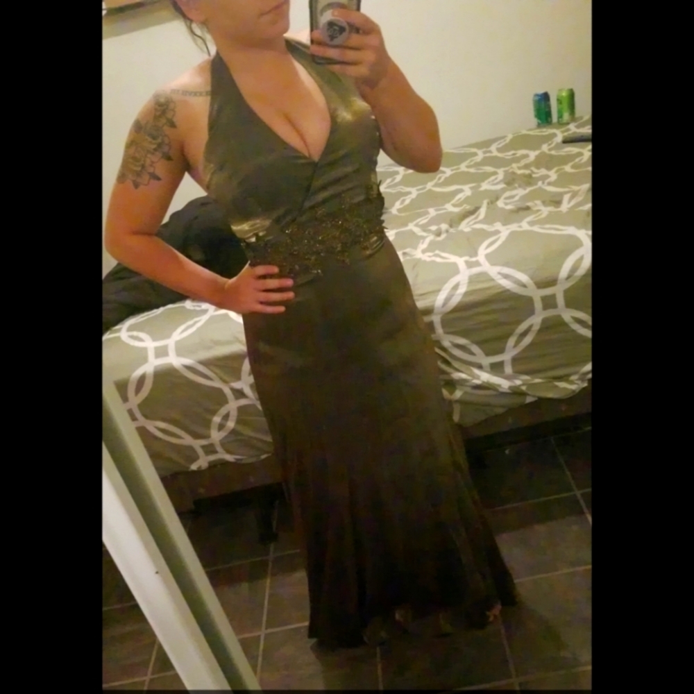 Olive Green Prom Dress With Lace Detail Under Bust - Backless